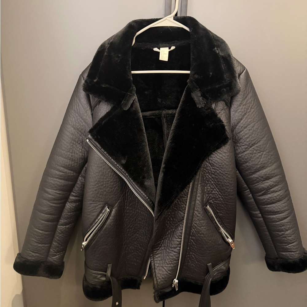 H&M Black Faux Leather Jacket lined with Faux Fur